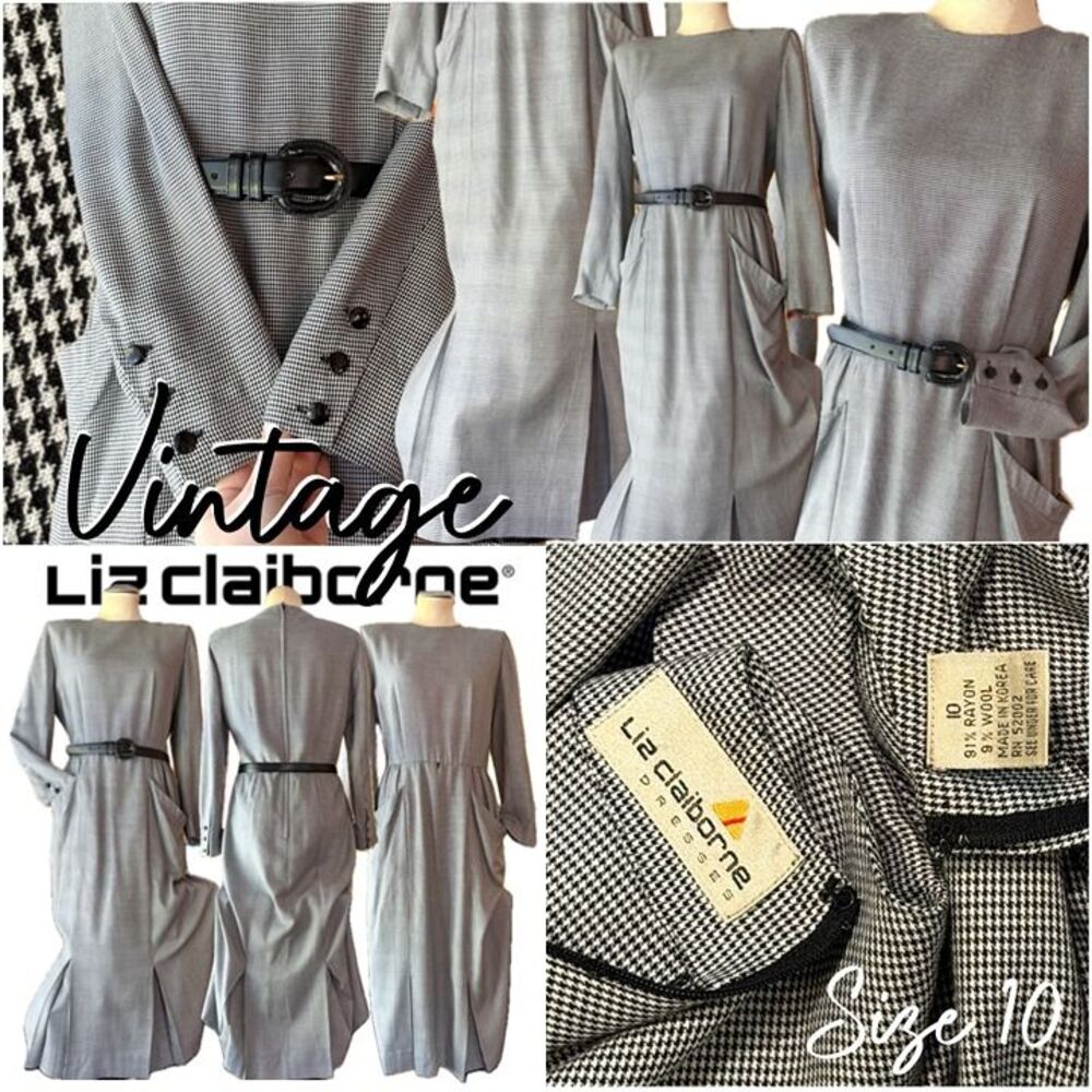 VTG L/S Tailored Black & White Houndstooth Pleated Hem Pencil Dress Pinup 10